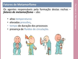 Fatores de Metamorfismo




                                                        FACTORES DE METAMORFISMO
Os agentes responsáveis pela formação destas rochas –
fatores de metamorfismo – são:

   •   altas temperaturas
   •   elevadas pressões,
   •   tempo de duração dos processos
   •   presença de fluídos de circulação.
 