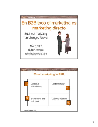 1
En B2B todo el marketing es
marketing directo
Business marketing
has changed forever
g
Nov. 3, 2010
Ruth P. Stevens
ruth@ruthstevens.com
Direct marketing in B2B
1
In the last decade, business buying changed dramatically.  With enormous shifts in corporate purchasing patterns and the extraordi
In this dynamic keynote talk, Ruth P. Stevens will outline the transformation in business buying behavior, and explain how multi‐t
Database
management
Lead generation1.
2.
© Ruth P. Stevens 2010
E-commerce and
mail order
Customer retention
4.
3.
 