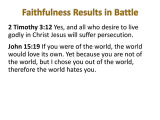 2 Timothy 3:12 Yes, and all who desire to live
godly in Christ Jesus will suffer persecution.
John 15:19 If you were of the world, the world
would love its own. Yet because you are not of
the world, but I chose you out of the world,
therefore the world hates you.
 