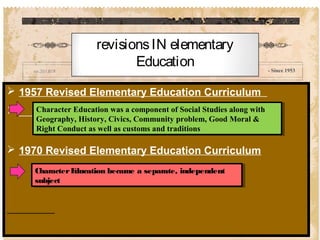 - Since 1953
 1957 Revised Elementary Education Curriculum

 1970 Revised Elementary Education Curriculum
Character Education was a component of Social Studies along with
Geography, History, Civics, Community problem, Good Moral &
Right Conduct as well as customs and traditions
Character Education was a component of Social Studies along with
Geography, History, Civics, Community problem, Good Moral &
Right Conduct as well as customs and traditions
revisionsIN elementary
Education
CharacterEducation became a separate, independent
subject
CharacterEducation became a separate, independent
subject
 