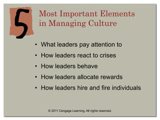 © 2011 Cengage Learning. All rights reserved.
Most Important Elements
in Managing Culture
• What leaders pay attention to
• How leaders react to crises
• How leaders behave
• How leaders allocate rewards
• How leaders hire and fire individuals
 