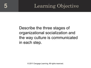 © 2011 Cengage Learning. All rights reserved.
Learning Objective
Describe the three stages of
organizational socialization and
the way culture is communicated
in each step.
5
 