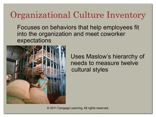 © 2011 Cengage Learning. All rights reserved.
Organizational Culture Inventory
Focuses on behaviors that help employees fit
into the organization and meet coworker
expectations
Uses Maslow’s hierarchy of
needs to measure twelve
cultural styles
 