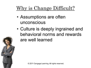© 2011 Cengage Learning. All rights reserved.
Why is Change Difficult?
• Assumptions are often
unconscious
• Culture is deeply ingrained and
behavioral norms and rewards
are well learned
 
