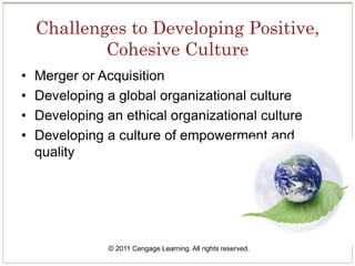 © 2011 Cengage Learning. All rights reserved.
Challenges to Developing Positive,
Cohesive Culture
• Merger or Acquisition
• Developing a global organizational culture
• Developing an ethical organizational culture
• Developing a culture of empowerment and
quality
 