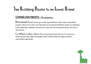 COMMUNICATION PRINCIPLES- An explanation
Differentiated: Probably obvious but no less important Iconic brands, when communicated
properly, stand out from the crowd. This desire to be positively different, assists in building the
brands leadership credentials, and ensures a unique and memorable positioning in the mind of
the consumer.
From VW Beetle and Apple to Absolut, Iconic brands adverts have stood out from the norm,
achieving memorable, eagerly anticipated, clearly differentiated and highly successful
communication approaches.
The Building Blocks to an Iconic Brand
 