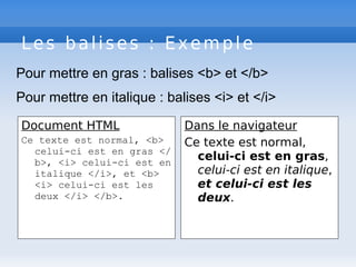 Les balises : Exemple
Document HTML
Ce texte est normal, <b>
celui-ci est en gras </
b>, <i> celui-ci est en
italique </i>, et <b>
<i> celui-ci est les
deux </i> </b>.
Dans le navigateur
Ce texte est normal,
celui-ci est en gras,
celui-ci est en italique,
et celui-ci est les
deux.
Pour mettre en gras : balises <b> et </b>
Pour mettre en italique : balises <i> et </i>
 