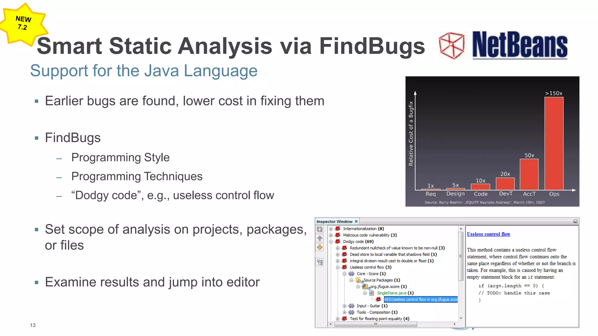 13
Smart Static Analysis via FindBugs
 Earlier bugs are found, lower cost in fixing them
 FindBugs
– Programming Style
– Programming Techniques
– “Dodgy code”, e.g., useless control flow
 Set scope of analysis on projects, packages,
or files
 Examine results and jump into editor
Support for the Java Language
 