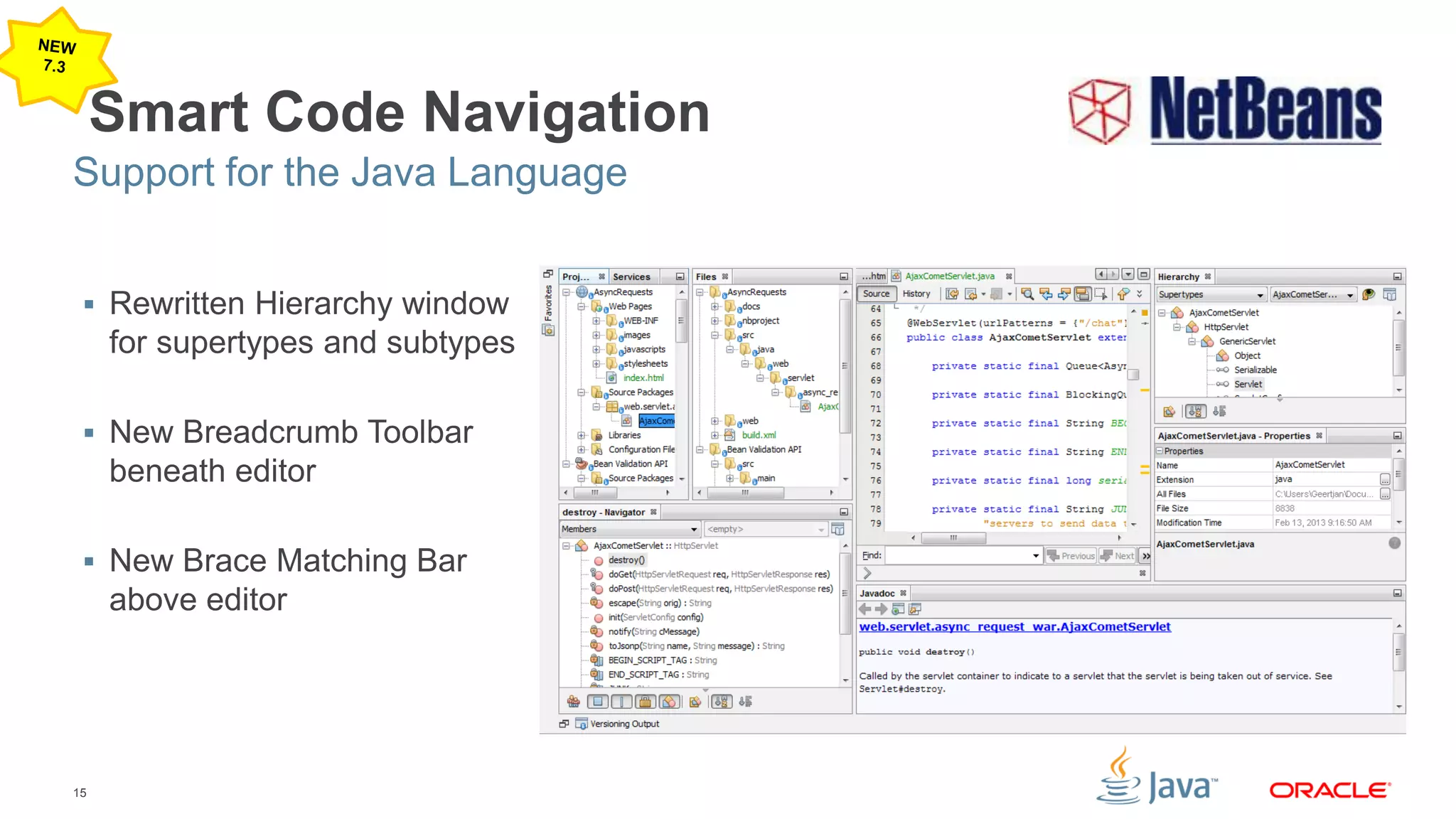 15
Smart Code Navigation
 Rewritten Hierarchy window
for supertypes and subtypes
 New Breadcrumb Toolbar
beneath editor
 New Brace Matching Bar
above editor
Support for the Java Language
 