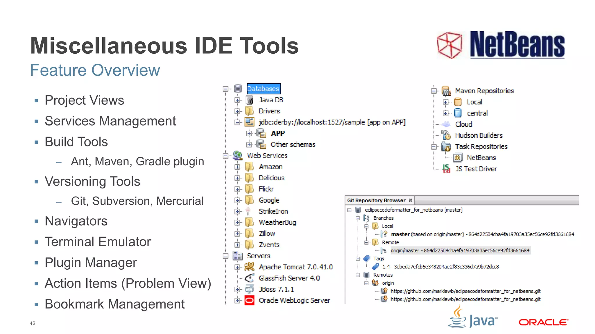 42
Miscellaneous IDE Tools
 Project Views
 Services Management
 Build Tools
– Ant, Maven, Gradle plugin
 Versioning Tools
– Git, Subversion, Mercurial
 Navigators
 Terminal Emulator
 Plugin Manager
 Action Items (Problem View)
 Bookmark Management
Feature Overview
 
