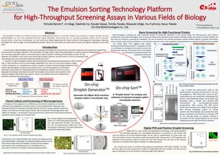 The Emulsion Sorting Technology Platform
for High-Throughput Screening Assays in Various Fields of Biology
Abstract
Introduction
Cultivation of microorganism is an effective use of emulsion droplets, as it enables
culturing of microorganisms with their clones in small compartments. Moreover, this
technique allows for culturing of microbes that do not form a colony, reactions within the
droplet, and collection of these target droplets. We anticipate this technology will be used
widely, for example, in screening for new species found in environment that produce beneficial
substances and in analysis for microbial flora.
Gene Screening for High Functional Protein
On-chip
Droplet GeneratorTM On-chip SortTM
Clonal Culture and Screening of Microorganisms
Digital PCR and Positive Droplet Screening
Fig. 2 shows droplets that encapsulated
either 0 or 1 GFP-expressing Escherichia
coli , and cultured for 20 hours. The number
of E. coli increased by about 1000 times. Only
the droplets containing E. coli were collected by
sorting GFP expressing droplets.
Generates 20-100μm W/O emulsion
droplets within a microfluidic chip
A “Droplet Sorter” for analysis and
collection of emulsion droplets within
microfluidic channels
Disposable
chip
flow
Forward Scatter
Fluorescentintensity
50µm
80 μm
Fluorescentintensity
Forward Scatter
Fig. 2 E. coli cultivation within emulsion droplets and sorting
Fig. 3 Encapsulation of Euglena gracilis and sorting
High-throughput screening for high functional protein is extremely important in the various fields like pharmaceutics and industry.
Conventional screening technologies, such as Enzyme-Linked ImmunoSorbent Assay (ELISA) and Phase Display, are based on protein affinity, and
thus they are limited to screening for antibodies. The use of emulsion and cell-free translation system enables isolation of genetic information
carrier (nucleic acids) and trait (protein) in one common space per clone, and so genetic screening based on enzymatic activity becomes possible.
a
Yohsuke Bansho*, Jin Akagi, Takahide Ino, Kosuke Osawa, Tomiko Tanaka, Masayuki Ishige, Yuu Fujimura, Kazuo Takeda
On-chip Biotechnologies Co., Ltd.
oil oil
sample
Fig. 4 shows the experimental model of the
protein genetic screening using emulsion. (A) First,
we prepared an DNA library that consist of GFP-
coding DNA and non-coding DNA, biotinylated PCR
primers, and streptavidin beads. The emulsion was
generated using a sample with adjusted DNA
concentration for one-template-per-droplet
encapsulation. After running PCR, DNA bound
beads were collected and trapped inside droplets
with cell-free translation system for further
reaction. (B) These droplets were sorted into three
groups according to the fluorescence intensity. PCR
on the collected beads as template resulted in
enrichment of GFP coding fragment for the sorted
droplet group with high fluorescence intensity.
80 μm
In recent years, high-throughput analysis and screening technologies for drug discovery, microbial inspection and evolutionary engineering
are becoming increasingly important. The combination of single cell (or single molecule) plating on multititer plate by limiting dilution
and screening using plate reader is commonly used in order to perform screening of tremendous number of cells.
However, this method is very costly, time consuming and labor intensive, and thus there is a limit to screening of cells
and biomolecules that could easily exceed the library size of 105.
A “vessel” for high-throughput analysis and screening that is becoming increasing popular is W/O emulsion
(Fig. 1). W/O emulsion is micron-scale droplet suspended in oil. Since it is very easy to prepare a large
number of droplets, it is considered very useful in academic research and technology development that
require high-throughput analysis and screening. Hence, we have developed On-chip Droplet
Generator, which allows for simple generation of monodisperse droplets, and On-chip Sort, a
disposable microfluidic chip based cell sorter that enables measurement and collection of the
emulsion droplets with fluorescence signals. Herein, we introduce some of the applications
achieved using these two instruments.
Microtiter Plate
105 reactions = 260 of
384well plates
Volume: 100’s µL VS A few pL
Time & Cost: Consuming VS Saving
Sample Recovery: Difficult VS Easily by On-chip Sort
W/O Emulsion
105 reaction = Less than
1mL, ready in a few mins
Furthermore, Fig. 3 shows droplets that contain one Euglena gracilis
every 300 droplets on average. We observed Euglena gracilis survive
and actively move within the droplets. Sorting of these droplets
were based on the autofluorescence of chlorophyll led to a
successful enrichment of droplets containing Euglena gracilis.
Fig. 4 Fluorescent protein screening using emulsion and cell-
free translation system
(B)
Digital PCR is a new nucleic acid quantification technique, and related products
from Bio-Rad Laboratory Inc. and Applied Biosystems are currently on the market. Not
only the products of On-chip Biotechnologies can be used for quantification of nucleic acids, but
they also enable recovery of positively expressing droplets after measurement. If PCR together with
detection of fluorescence could be carried out from cells directly, this will lead to the selective
recovery of cell extract with specific mutation or mRNA expression.
Fig. 5 PCR detection and sorting of emulsions
Fig. 5 shows the results of purified human genome quantification PCR within droplets. On-chip
Sort was able to not only measure the number of target DNA within the medium, but also we were
able to selectively enrich the droplets containing target DNA fragment.
Forward scatter
Fluorescence
After Sorting
Microdroplets of water-in-oil (W/O) emulsions are rapidly gaining interest as a tool for analysis and screening of multiple samples. On-chip
Biotechnologies Co., Ltd. have developed On-chip Droplet Generator and On-chip Sort: an emulsion generation device and an emulsion
analyzer/sorter. Using these technologies, we have performed model experiments for clonal culture of microorganism, phenotypic screening,
and digital PCR. We are eager to find collaborative partners whom we could share the experimental results and together develop of new study
cases.
*Correspondence
y-bansho@on-chip.co.jp
Fig. 1 Comparison of miniature reaction “vessel”
Biotinylated Primer
Streptavidin beads
Encapsulation
& PCR
Beads recovery
GFP
translation
GFP coding DNA
Non-coding DNA
Encapsulation
Sorting
Cell-free translation in emulsionEmulsion PCR on beads(A)
Producinggenetic
informationcarriers
GenotypetophenotypeassociationCollectionof
targetgene
Euglena gracilis used in this experiment was provided by the courtesy of Dr. Yonamine of Kyushu University
The results given here suggests that protein
screening incorporating emulsion is plausible if there
is a technique to correspond the protein activity and
fluorescence intensity. We believe this can be applied
a to screening for beneficial protein and
evolutionary molecular
engineering.
100% sorted
Top 50% sorted
Top 10% sorted
100%sorted
Top50%sorted
Top10%sorted
Notemplate
Forward scatter
Fluorescence
Materials used in this experiment were provided by the courtesy of Chugai Pharmaceutical Co.
 