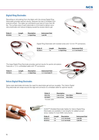 NCS


Digital Ring Electrodes
Recording or stimulating from the digits with the strong Digital Ring
Electrodes provides optimal results, because the test is shielded from
external artifact. The cable can withstand a pull test of more than 50
lbs. The surface area of each electrode is minimized to deliver accu-
rate amplitudes and reduce bridging caused by excess electro gel.


Order # 	        Length 	      Description 	                 Instrument End
9013S0302 	      1m 	          2 x Digital Rings 	           5 pole DIN




                                                     Digital Ring Electrode with twisted wires and 1.5 mm TP connectors.

                                                     Order #	               Length 	        Description 	               Instrument End
                                                     9013S0312 	            1m	             2 x Digital Rings 	         2 x 1.5 mm female TP




The large Digital Ring Electrode provides optimal results for penile stimulation.
Features a 1.2 m unshielded cable with TP connectors.

Order #	          Length 	     Description 	                  Instrument End
9013S0332 	       1.2 m 	      2 x Digital Rings 	            2 x 1.5 mm female TP




Velcro Digital Ring Electrodes
Saline soak electrodes eliminate the need for electrolyte gel and are reusable. This Velcro Digital
Ring electrode set wraps around the digit and connects to a shielded cable for optimal results.


                                                                   Order #	              Description 	                         Material
                                                                   9013L1702 	           5 mm x 65 mm 	 Velcro Ribbon
                                                                   9013L0692* 	          5 mm x 65 mm 	 Velcro Ribbon
                                                                   *Includes cable.




                                                                   HUSH™ Shielded Electrode Cables for Velcro Digital Ring
                                                                   Electrodes are available in two lengths for added conven-
                                                                   ience. Cables fit most EMG instruments.

                                                                   Order # 	         Length 	     Description 	                 Instrument End
                                                                   9013C0112 	       1m	          2 x 0.7 mm female 	           5 pole DIN
                                                                   9013C0122 	       2m 	         2 x 0.7 mm female 	           5 pole DIN




15
 