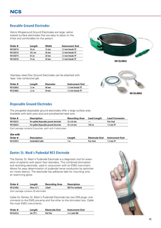 NCS


Reusable Ground Electrodes
Velcro Wraparound Ground Electrodes are large, saline
soaked surface electrodes that are easy to place on the
limbs and comfortable for the patient.

Order # 	          Length 	           Width 	                Instrument End
9013S0714	         10 cm 	            15 mm 	                1.5 mm female TP
9013S0735	         18.5 cm 	          20 mm 	                1.5 mm female TP
9013S0775 	        45 cm 	            20 mm 	                1.5 mm female TP
9013S0745 	        75 cm 	            20 mm 	                1.5 mm female TP
                                                                                                              9013L0852




Stainless steel Disc Ground Electrodes can be attached with
tape. Use conductive gel.

Order # 	          Length 	           Diameter 	                  Instrument End
9013L0852 	        1.5 m 	            40 mm 	                     1.5 mm female TP
9013L0862 	        1.2 m 	            30 mm 	                     1.5 mm female TP
                                                                                                                          9013L0862



Disposable Ground Electrodes
The pre-gelled disposable ground electrodes offer a large surface area.
Available with both pres stud and pre-attached lead wire.
Order #	           Description		                                  Recording Area	      Lead Length		    Lead Connector	
9013S0251	         Pre-gelled disposable ground electrode	        35 x 45 mm	          —		              Pres Stud
9013S0261	         Pre-gelled disposable ground electrode	        35 x 45 mm	          150 cm		         1.5 mm TP
Each package contains 5 pouches, each with 4 electrodes.

Use with:
Order #	           Description		                                  Length	              Electrode End	   Instrument End	
9013C0931	         Unshielded Cable		                             1 m	                 Pres Stud		      1.5 mm TP




Dantec St. Mark’s Pudendal NCS Electrode
The Dantec St. Mark’s Pudendal Electrode is a diagnostic tool for evalu-
ation of patients with pelvic floor disorders. This combined stimulation
and recording electrode, used in conjunction with an EMG instrument,
allows for easy determination of pudendal nerve­conduction by sphincter
ani motor latency. The electrode has adhesive tabs for mounting onto
an examining glove.


Order #	           Length	            Recording Area	             Description	
9013L4402	         30cm (12”)	        12mm2	                      NOT Pre-sterilized
Each package contains 20 electrodes

Cable for Dantec St. Mark’s Pudendal Electrode has two DIN plugs: one
connects to the EMG pre-amp and the other to the stimulator box. Cable
fits most EMG instruments.

Order #	           Length	            Electrode End	              Instrument End	
9013L0322	         2m (79”)	          Flat Flex	                  2 x 5 pole DIN

                                                                                                                                      18
 