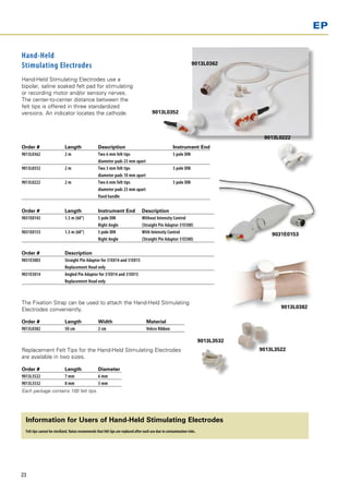 EP


Hand-Held
Stimulating Electrodes                                                                                                9013L0362


Hand-Held Stimulating Electrodes use a
bipolar, saline soaked felt pad for stimulating
or recording motor and/or sensory nerves.
The center-to-center distance between the
felt tips is offered in three standardized
versions. An indicator locates the cathode.                                               9013L0352



                                                                                                                                         9013L0222
Order # 	   Length 	                                Description 	                                        Instrument End
9013L0362 	 2m	                                     Two 6 mm felt tips 	                                 5 pole DIN
		                                                  diameter pads 23 mm apart
9013L0352 	 2m	                                     Two 3 mm felt tips 	                                 5 pole DIN 	
		                                                  diameter pads 10 mm apart
9013L0222 	 2m	                                     Two 6 mm felt tips 	                                 5 pole DIN
		                                                  diameter pads 23 mm apart
		                                                  fixed handle

Order # 	  Length 	                                 Instrument End	                Description
9031E0143	 1.5 m (60”)	                             5 pole DIN 	                   Without Intensity Control
		                                                  Right Angle	                   (Straight Pin Adaptor 31E500)
9031E0153	 1.5 m (60”) 	                            5 pole DIN 	                   With Intensity Control                                   9031E0153
		                                                  Right Angle	                   (Straight Pin Adaptor 31E500)

Order #	                     Description
9031E5003	                   Straight Pin Adaptor for 31E014 and 31E015
	                            Replacement Head only
9031E5014	                   Angled Pin Adaptor for 31E014 and 31E015
	                            Replacement Head only



The Fixation Strap can be used to attach the Hand-Held Stimulating
Electrodes conveniently.                                                                                                                       9013L0382

Order # 	                    Length 	               Width 	                           Material
9013L0382 	                  50 cm 	                2 cm 	                            Velcro Ribbon

                                                                                                                            9013L3532
Replacement Felt Tips for the Hand-Held Stimulating Electrodes                                                                          9013L3522
are available in two sizes.

Order # 	                    Length 	               Diameter
9013L3522 	                  7 mm 	                 6 mm
9013L3532 	                  8 mm 	                 3 mm
Each package contains 100 felt tips.




  Information for Users of Hand-Held Stimulating Electrodes
  Felt tips cannot be sterilized. Natus recommends that felt tips are replaced after each use due to contamination risks.




23
 