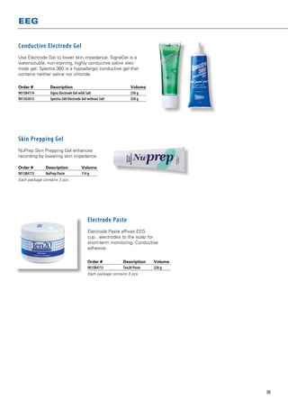EEG


Conductive Electrode Gel
Use Electrode Gel to lower skin impedance. SignaGel is a
watersoluble, non-staining, highly conductive saline elec-
trode gel. Spectra 360 is a hypoallergic conductive gel that
contains neither saline nor chloride.

Order # 	        Description 	                                    Volume
9015B4114 	      Signa Electrode Gel with Salt 	                  250 g
9013G5012 	      Spectra 360 Electrode Gel without Salt 	         250 g




Skin Prepping Gel
NuPrep Skin Prepping Gel enhances
recording by lowering skin impedance.

Order # 	      Description 	           Volume
9015B4773 	    NuPrep Paste 	          114 g
Each package contains 3 pcs.




                                           Electrode Paste
                                           Electrode Paste affixes EEG
                                           cup electrodes to the scalp for
                                           short-term monitoring. Conductive
                                           adhesive.

                                           Order #	           Description	    Volume
                                           9015B4713 	        Ten20 Paste 	   228 g
                                           Each package contains 3 pcs.




                                                                                       30
 