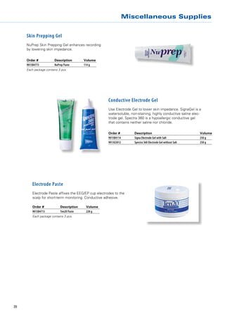 Miscellaneous Supplies


     Skin Prepping Gel
     NuPrep Skin Prepping Gel enhances recording
     by lowering skin impedance.


     Order # 	          Description 	       Volume
     9015B4773 	        NuPrep Paste 	      114 g
     Each package contains 3 pcs.




                                                       Conductive Electrode Gel
                                                       Use Electrode Gel to lower skin impedance. SignaGel is a
                                                       watersoluble, non-staining, highly conductive saline elec-
                                                       trode gel. Spectra 360 is a hypoallergic conductive gel
                                                       that contains neither saline nor chloride.

                                                       Order # 	       Description 	                              Volume
                                                       9015B4114 	     Signa Electrode Gel with Salt 	            250 g
                                                       9013G5012 	     Spectra 360 Electrode Gel without Salt 	   250 g




         Electrode Paste
         Electrode Paste affixes the EEG/EP cup electrodes to the
         scalp for short-term monitoring. Conductive adhesive.

         Order # 	          Description 	    Volume
         9015B4713 	        Ten20 Paste	     228 g
         Each package contains 3 pcs.




39
 