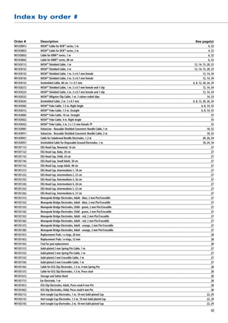 Index by order #


Order #	     Description			                                                      See page(s)
9013C0013	   HUSH™ Cable for DCN™ series, 1 m	                                                4, 32
9013C0023	   HUSH™ Cable for DCN™ series, 2 m	                                                4, 32
9013C0032	   Cable for DMN™ series, 1 m	                                                      6, 32
9013C0042	   Cable for DMN™ series, 80 cm	                                                    6, 32
9013C0112	   HUSH™ Shielded Cable, 1 m	                                         12, 14, 15, 20, 33
9013C0122	   HUSH™ Shielded Cable, 2 m	                                         12, 14, 15, 20, 33
9013C0132	   HUSH™ Shielded Cable, 1 m. 3 x 0.7 mm female	                               12, 14, 34
9013C0142	   HUSH™ Shielded Cable, 2 m. 3 x 0.7 mm female	                               12, 14, 34
9013C0152	   Unshielded Cable, 80 cm. 1 x 0.7 mm	                              6, 8, 12, 20, 26, 34
9013C0212	   HUSH™ Shielded Cable, 1 m. 2 x 0.7 mm female and 1 clip	                    12, 14, 34
9013C0223	   HUSH™ Shielded Cable, 2 m. 2 x 0.7 mm female and 1 clip	                    12, 14, 34
9013C0232	   HUSH™ Alligator Clip Cable, 1 m. 3 colour-coded clips	                          14, 33
9013C0242	   Unshielded Cable, 2 m. 1 x 0.7 mm	                                6, 8, 12, 20, 26, 34
9013C0302	   HUSH™ Yoke Cable, 1.5 m. Right Angle	                                     6, 8, 14, 35
9013C0312	   HUSH™ Yoke Cable, 1.5 m. Straight	                                        6, 8, 14, 35
9013C0402	   HUSH™ Yoke Cable, 10 cm. Straight	                                                  35
9013C0422	   HUSH™ Yoke Cable, 4 m. Right Angle	                                                 35
9013C0432	   HUSH™ Yoke Cable, 3 m, 3 x 1.5 mm female TP	                                        35
9013C0901	   ValueLine - Reusable Shielded Concentric Needle Cable, 1 m	                     10, 32
9013C0911	   ValueLine - Reusable Shielded Concentric Needle Cable, 2 m	                     10, 32
9013C0921	   Cable for Subdermal Needle Electrodes, 1.2 m	                               20, 26, 34
9013C0931	   Unshielded Cable for Disposable Ground Electrodes, 1 m	                     18, 24, 34
9013E1112	   EEG Head Cap, Neonatal, 16 cm	                                                      27
9013E1122	   EEG Head Cap, Baby, 20 cm	                                                          27
9013E1132	   EEG Head Cap, Child, 24 cm	                                                         27
9013E1142	   EEG Head Cap, Small Adult, 30 cm	                                                   27
9013E1152	   EEG Head Cap, Large Adult, 40 cm	                                                   27
9013E1212	   EEG Head Cap, Intermediate 1, 18 cm	                                                27
9013E1222	   EEG Head Cap, Intermediate 2, 22 cm	                                                27
9013E1232	   EEG Head Cap, Intermediate 3, 26 cm	                                                27
9013E1242	   EEG Head Cap, Intermediate 4, 28 cm	                                                27
9013E1252	   EEG Head Cap, Intermediate 5, 32 cm	                                                27
9013E1262	   EEG Head Cap, Intermediate 6, 37 cm	                                                27
9013E1312	   Monopode Bridge Electrodes, Adult - blue, 2 mm Pin/Crocodile	                       27
9013E1322	   Monopode Bridge Electrodes, Adult - blue, 2 mm Pin/Crocodile	                       27
9013E1332	   Monopode Bridge Electrodes, Child - green, 2 mm Pin/Crocodile	                      27
9013E1342	   Monopode Bridge Electrodes, Child - green, 2 mm Pin/Crocodile	                      27
9013E1352	   Monopode Bridge Electrodes, Adult - red, 2 mm Pin/Crocodile	                        27
9013E1362	   Monopode Bridge Electrodes, Adult - red, 2 mm Pin/Crocodile	                        27
9013E1372	   Monopode Bridge Electrodes, Adult - orange, 2 mm Pin/Crocodile	                     27
9013E1382	   Monopode Bridge Electrodes, Adult - orange, 2 mm Pin/Crocodile	                     27
9013E1412	   Replacement Pads / o-rings, 28 mm	                                                  28
9013E1422	   Replacement Pads / o-rings, 32 mm	                                                  28
9013E1432	   Tool for pad replacement	                                                           28
9013E1512	   Gold-plated 2 mm Spring Pin Cable, 1 m	                                             27
9013E1522	   Gold-plated 2 mm Spring Pin Cable, 1 m	                                             27
9013E1532	   Gold-plated 2 mm Crocodile Cable, 1 m	                                              27
9013E1542	   Gold-plated 2 mm Crocodile Cable, 1 m	                                              27
9013E1562	   Cable for ECG Clip Electrodes, 1.5 m, 4 mm Spring Pin	                              28
9013E1572	   Cable for ECG Clip Electrodes, 1.5 m, Press-stud	                                   28
9013E1612	   Storage and Saline Bowl	                                                            28
9013E1712	   Ear Electrode, 1 m	                                                                 28
9013E1812	   ECG Clip Electrodes, Adult, Press-stud/4 mm Pin	                                    28
9013E1822	   ECG Clip Electrodes, Child, Press-stud/4 mm Pin	                                    28
9013E2112	   Anti-tangle Cup Electrodes, 1 m, 10 mm Gold-plated Cup	                         22, 29
9013E2132	   Anti-tangle Cup Electrodes, 1.5 m, 10 mm Gold-plated Cup	                       22, 29
9013E2142	   Anti-tangle Cup Electrodes, 2 m, 10 mm Gold-plated Cup	                         22, 29

                                                                                                42
 