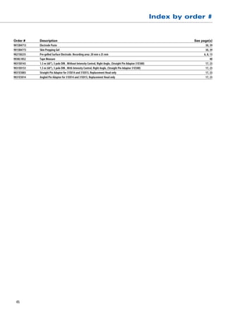 Index by order #


Order #	     Description			                                                                                                See page(s)
9015B4713	   Electrode Paste	                                                                                                     30, 39
9015B4773	   Skin Prepping Gel	                                                                                                   30, 39
9021S0235	   Pre-gelled Surface Electrode. Recording area: 20 mm x 25 mm	                                                        6, 8, 13
9030L1052	   Tape Measure	                                                                                                             40
9031E0143	   1.5 m (60”), 5 pole DIN , Without Intensity Control, Right Angle, (Straight Pin Adaptor 31E500)	                     17, 23
9031E0153	   1.5 m (60”), 5 pole DIN , With Intensity Control, Right Angle, (Straight Pin Adaptor 31E500)	                        17, 23
9031E5003	   Straight Pin Adaptor for 31E014 and 31E015, Replacement Head only 	                                                  17, 23
9031E5014	   Angled Pin Adaptor for 31E014 and 31E015, Replacement Head only	                                                     17, 23




 45
 
