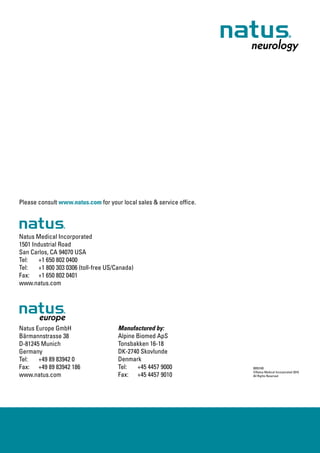 Please consult www.natus.com for your local sales  service office.




Natus Medical Incorporated
1501 Industrial Road
San Carlos, CA 94070 USA
Tel:	 +1 650 802 0400
Tel: 	 +1 800 303 0306 (toll-free US/Canada)
Fax: 	 +1 650 802 0401
www.natus.com




Natus Europe GmbH                     Manufactured by:
Bärmannstrasse 38                     Alpine Biomed ApS
D-81245 Munich                        Tonsbakken 16-18
Germany                               DK-2740 Skovlunde
Tel:	 +49 89 83942 0                  Denmark
Fax:	 +49 89 83942 186                Tel:	 +45 4457 9000             005574B
                                                                      ©Natus Medical Incorporated 2010
www.natus.com                         Fax:	 +45 4457 9010             All Rights Reserved




 46
 