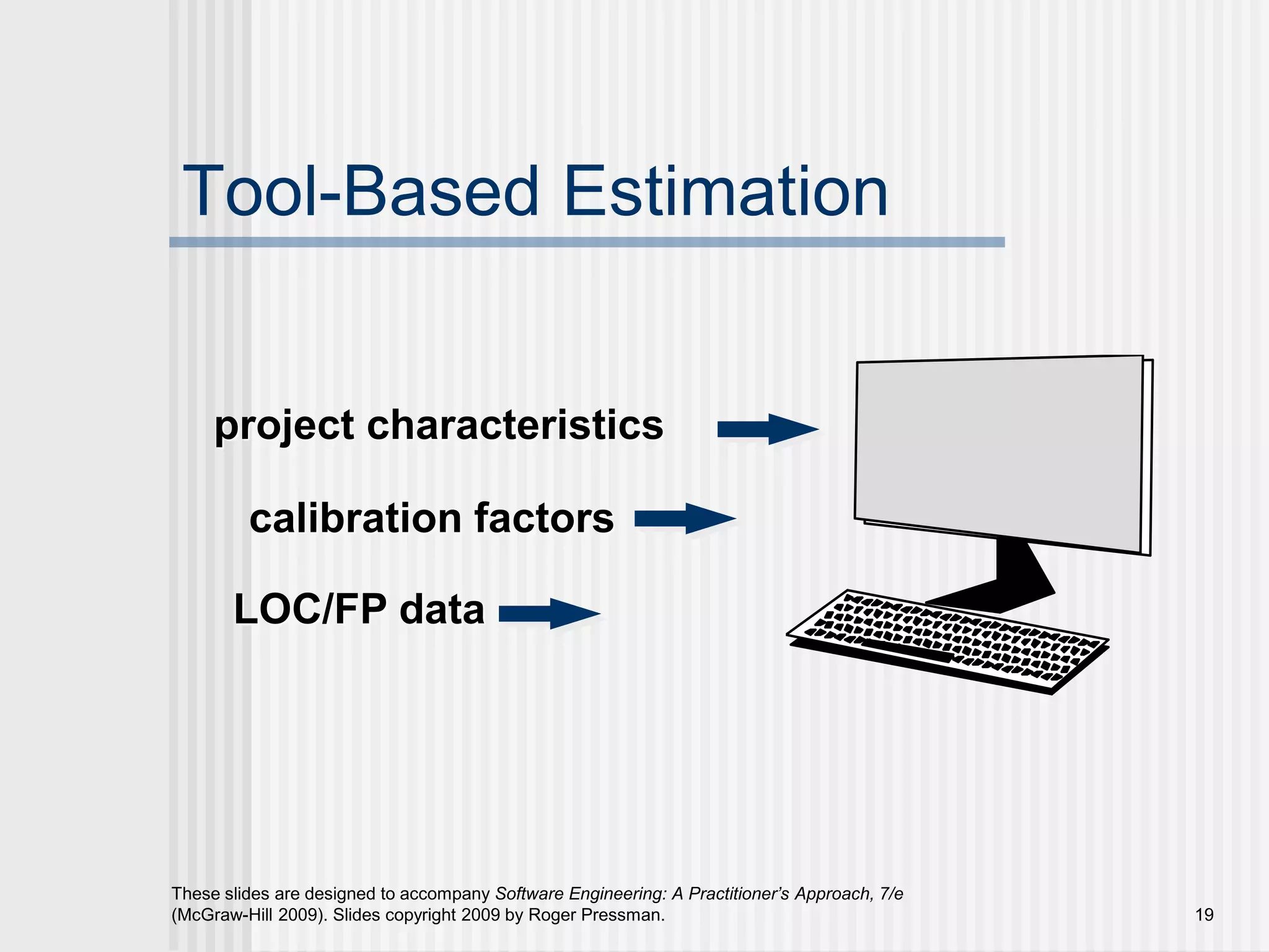19
These slides are designed to accompany Software Engineering: A Practitioner’s Approach, 7/e
(McGraw-Hill 2009). Slides copyright 2009 by Roger Pressman.
Tool-Based Estimation
project characteristics
calibration factors
LOC/FP data
 