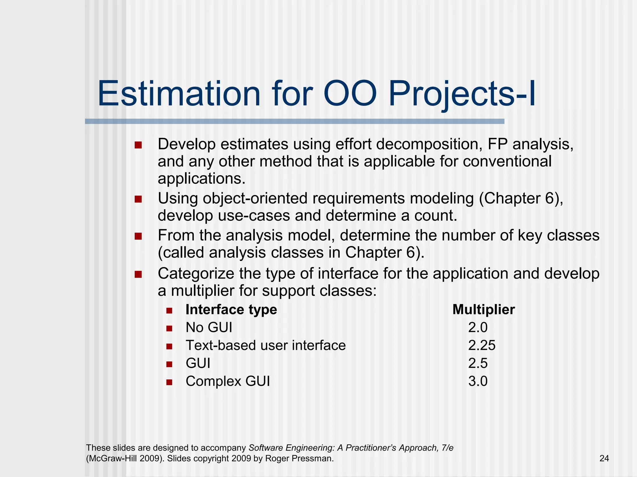 24
These slides are designed to accompany Software Engineering: A Practitioner’s Approach, 7/e
(McGraw-Hill 2009). Slides copyright 2009 by Roger Pressman.
Estimation for OO Projects-I
 Develop estimates using effort decomposition, FP analysis,
and any other method that is applicable for conventional
applications.
 Using object-oriented requirements modeling (Chapter 6),
develop use-cases and determine a count.
 From the analysis model, determine the number of key classes
(called analysis classes in Chapter 6).
 Categorize the type of interface for the application and develop
a multiplier for support classes:
 Interface type Multiplier
 No GUI 2.0
 Text-based user interface 2.25
 GUI 2.5
 Complex GUI 3.0
 