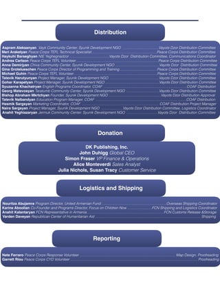 Page ! of !8 9
Aspram Aleksanyan Vayk Community Center, Syunik Development NGO …………………………Vayots Dzor Distribution Committee
Meri Arakelyan Peace Corps TEFL Technical Specialist………………………………………….……Peace Corps Distribution Committee
Haykuhi Barseghyan NIE Yeghegnadzor ……………………………Vayots Dzor Distribution Committee, Communications Coordinator
Andrea Carlson Peace Corps TEFL Volunteer……………………………………………………………Peace Corps Distribution Committee
Anna Demirjyan Chiva Community Center, Syunik Development NGO …………………………….…Vayots Dzor Distribution Committee
Gina Grotelueschen Peace Corps Director of Programming and Training………………………..…Peace Corps Distribution Committee
Michael Guhin Peace Corps TEFL Volunteer………………………………………………………….…Peace Corps Distribution Committee
Tatevik Harutyunyan Project Manager, Syunik Development NGO …………………………………..Vayots Dzor Distribution Committee
Gohar Karapetyan Project Manager, Syunik Development NGO ………………………………………Vayots Dzor Distribution Committee
Syuzanna Khachatryan English Programs Coordinator, COAF ……………………………………………………………COAF Distribution
Georg Matevosyan Taratumb Community Center, Syunik Development NGO ………………………Vayots Dzor Distribution Committee
Bishop Abraham Mkrtchyan Founder, Syunik Development NGO …………………………………..…Vayots Dzor Distribution Approval
Tatevik Nalbandyan Education Program Manager, COAF …………………….……………………………………. …….COAF Distribution
Hasmik Sargsyan Marketing Coordinator, COAF …………………………………………………….… COAF Distribution Project Manager
Naira Sargsyan Project Manager, Syunik Development NGO ………………Vayots Dzor Distribution Committee, Logistics Coordinator
Anahit Yeghiazaryan Jermuk Community Center, Syunik Development NGO …………………..…Vayots Dzor Distribution Committee
Distribution
Logistics and Shipping
Nouritza Abujamra Program Director, United Armenian Fund ………………………………………………Overseas Shipping Coordinator
Karine Aboolian Co-Founder and Programs Director, Focus on Children Now …………….…..FCN Shipping and Logistics Coordinator
Anahit Kalantaryan FCN Representative in Armenia…………………………………………..……………FCN Customs Release &Storage
Varden Daveyan Republican Center of Humanitarian Aid ………………………………………………………………………….… Shipping
Donation
DK Publishing, Inc.
John Duhigg Global CEO
Simon Fraser VP Finance & Operations
Alice Monteverdi Sales Analyst
Julia Nichols, Susan Tracy Customer Service
Reporting
Nate Ferraro Peace Corps Response Volunteer ………………………………………………………………..…… Map Design, Proofreading
Garrett Riou Peace Corps CYD Volunteer ……………………………………………………………………………………………. Proofreading
 