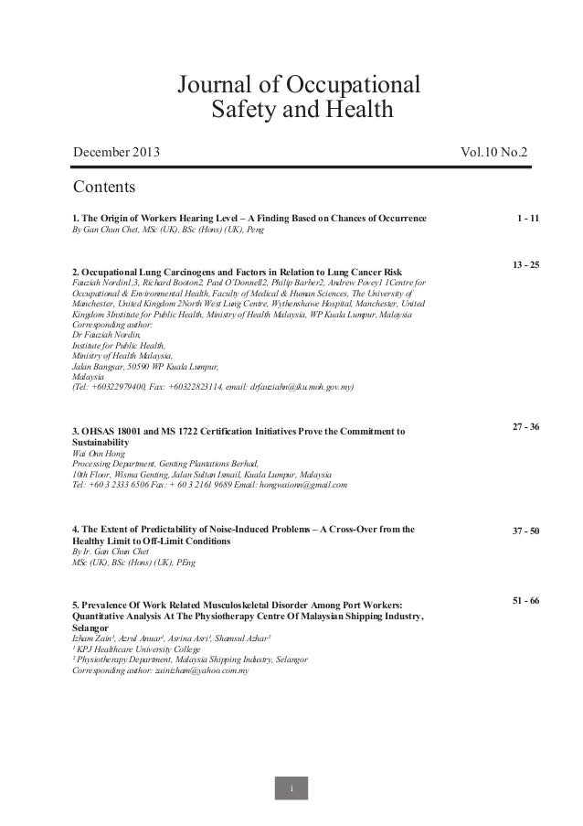 Journal of Occupational Safety and Health, December 2013, Vol 10, No.…