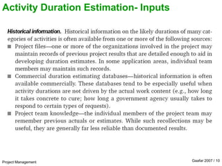 Project Management Gaafar 2007 / 10
Activity Duration Estimation- Inputs
 