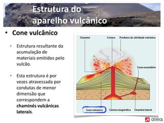 Estrutura do
aparelho vulcânico
• Cone vulcânico
• Estrutura resultante da
acumulação de
materiais emitidos pelo
vulcão.
• Esta estrutura é por
vezes atravessada por
condutas de menor
dimensão que
correspondem a
chaminés vulcânicas
laterais.
 