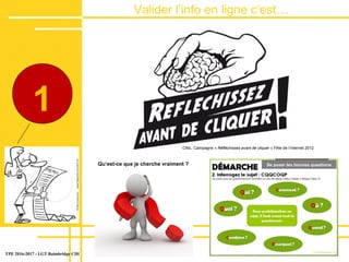 Valider lʼinfo en ligne c’est…
dans le site
TPE 2016-2017 - LGT Baimbridge CDI
1
Qu’est-ce que je cherche vraiment ? Se poser les bonnes questions
CNIL, Campagne « Réfléchissez avant de cliquer » Fête de l’Internet 2012
 