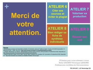 +
N’hésitez pas à vous adresser à nous
Nelly GACHET/Véronique LAFAURIE
Professeures certifiées de Documentation
Merci de
votre
attention.
ATELIER 6
Citer ses
sources et
éviter le plagiat
ATELIER 7
Valoriser sa
production
ATELIER 8
Bien rédiger sa
fiche de
synthèse
individuelle
ATELIER 9
Réussir son
oral
TPE 2016-2017 - LGT Baimbridge CDI
Sources
-
Bibliothèques du réseau de l'Université du Québec. Si c’est écrit, c’est vrai ? [vidéo en ligne]. Youtube, 22/12/2010 [consulté le 13
décembre 2016]. 1 vidéo, 2min.29 s. https://www.youtube.com/watch?v=lXwgv8kq6rA&feature=related
-
- Collectif, Rechercher sur Internet : méthodologie et outils [en ligne]. Eduscol, 2016 [consulté le 16 décembre 2016]. Disponible sur :
http://eduscol.education.fr/numerique/dossier/competences/rechercher
-
Collectif, Mémotice Valider l’info en ligne Quiz [en ligne]. Académie de Versailles, 2011 [consulté le 16 décembre 2016]. Disponible
sur : http://www.education-aux-medias.ac-versailles.fr/valider-l-info-en-ligne
 