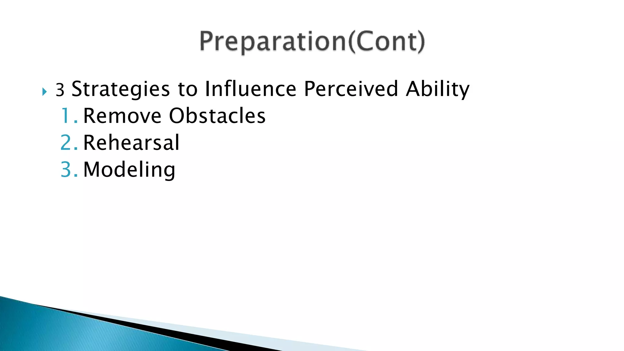  3 Strategies to Influence Perceived Ability
1. Remove Obstacles
2. Rehearsal
3. Modeling
 