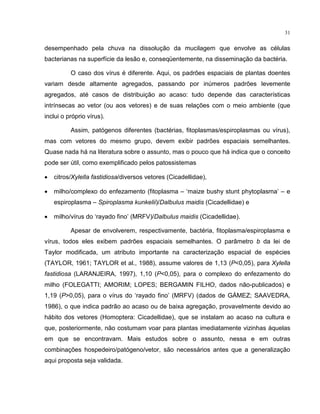 31
desempenhado pela chuva na dissolução da mucilagem que envolve as células
bacterianas na superfície da lesão e, conseqüentemente, na disseminação da bactéria.
O caso dos vírus é diferente. Aqui, os padrões espaciais de plantas doentes
variam desde altamente agregados, passando por inúmeros padrões levemente
agregados, até casos de distribuição ao acaso: tudo depende das características
intrínsecas ao vetor (ou aos vetores) e de suas relações com o meio ambiente (que
inclui o próprio vírus).
Assim, patógenos diferentes (bactérias, fitoplasmas/espiroplasmas ou vírus),
mas com vetores do mesmo grupo, devem exibir padrões espaciais semelhantes.
Quase nada há na literatura sobre o assunto, mas o pouco que há indica que o conceito
pode ser útil, como exemplificado pelos patossistemas
• citros/Xylella fastidiosa/diversos vetores (Cicadellidae),
• milho/complexo do enfezamento (fitoplasma – ‘maize bushy stunt phytoplasma’ – e
espiroplasma – Spiroplasma kunkelii)/Dalbulus maidis (Cicadellidae) e
• milho/vírus do ‘rayado fino’ (MRFV)/Dalbulus maidis (Cicadellidae).
Apesar de envolverem, respectivamente, bactéria, fitoplasma/espiroplasma e
vírus, todos eles exibem padrões espaciais semelhantes. O parâmetro b da lei de
Taylor modificada, um atributo importante na caracterização espacial de espécies
(TAYLOR, 1961; TAYLOR et al., 1988), assume valores de 1,13 (P<0,05), para Xylella
fastidiosa (LARANJEIRA, 1997), 1,10 (P<0,05), para o complexo do enfezamento do
milho (FOLEGATTI; AMORIM; LOPES; BERGAMIN FILHO, dados não-publicados) e
1,19 (P>0,05), para o vírus do ‘rayado fino’ (MRFV) (dados de GÁMEZ; SAAVEDRA,
1986), o que indica padrão ao acaso ou de baixa agregação, provavelmente devido ao
hábito dos vetores (Homoptera: Cicadellidae), que se instalam ao acaso na cultura e
que, posteriormente, não costumam voar para plantas imediatamente vizinhas àquelas
em que se encontravam. Mais estudos sobre o assunto, nessa e em outras
combinações hospedeiro/patógeno/vetor, são necessários antes que a generalização
aqui proposta seja validada.
 