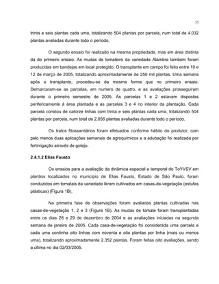 33
trinta e seis plantas cada uma, totalizando 504 plantas por parcela, num total de 4.032
plantas avaliadas durante todo o período.
O segundo ensaio foi realizado na mesma propriedade, mas em área distinta
da do primeiro ensaio. As mudas de tomateiro da variedade Alambra também foram
produzidas em bandejas em local protegido. O transplante em campo foi feito entre 10 e
12 de março de 2005, totalizando aproximadamente de 250 mil plantas. Uma semana
após o transplante, procedeu-se da mesma forma que no primeiro ensaio.
Demarcaram-se as parcelas, em numero de quatro, e as avaliações prosseguiram
durante o primeiro semestre de 2005. As parcelas 1 e 2 estavam dispostas
perifericamente à área plantada e as parcelas 3 e 4 no interior da plantação. Cada
parcela constou de catorze linhas com trinta e seis plantas cada uma, totalizando 504
plantas por parcela, num total de 2.056 plantas avaliadas durante todo o período.
Os tratos fitossanitários foram efetuados conforme hábito do produtor, com
pelo menos duas aplicações semanais de agroquímicos e a adubação foi realizada por
fertirrigação através de gotejo.
2.4.1.2 Elias Fausto
Os ensaios para a avaliação da dinâmica espacial e temporal do ToYVSV em
plantios localizados no município de Elias Fausto, Estado de São Paulo, foram
conduzidos em tomatais da variedade Ikram cultivados em casas-de-vegetação (estufas
plásticas) (Figura 1B).
Na primeira fase de observações foram avaliadas plantas cultivadas nas
casas-de-vegetação 1, 2 e 3 (Figura 1B). As mudas de tomate foram transplantadas
entre os dias 28 e 29 de dezembro de 2004 e as avaliações iniciadas na segunda
semana de janeiro de 2005. Cada casa-de-vegetação foi considerada uma parcela e
cada uma continha oito linhas com noventa e oito plantas por linha (mais ou menos
uma), totalizando aproximadamente 2.352 plantas. Foram feitas oito avaliações, sendo
a última no dia 02/03/2005.
 