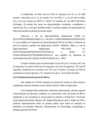 38
A amplificação do DNA viral por PCR foi realizada com 2,5 µL do DNA
extraído, misturados com 5 µL do tampão 10 X de PCR, 2 µL de 25 mM de MgCl,
0,6 µL de uma mistura de dNTP’S a 10mM, 2,5 unidades de Taq DNA Polymerase
(Promega), 20 pmoles dos pares de oligonucleotídeo iniciadores, completando o
volume para 25 µL com água destilada estéril. O controle negativo foi representado por
DNA total extraído de plantas de tomate sadias.
Utilizou-se o par de oligonucleotídeos degenerados AV494 (5’-
GCCYATRTAYAGRAAGCCMAG-3’) e AC1048 (5’-GGRTTDGARGCATGHGTACATG-
3’), que amplifica um fragmento de aproximadamente 576 pb do DNA A, referente ao
gene da proteína capsidial dos begomovirus (WYATT; BROWN, 1996) e o par de
oligonucleotídeos degenerados PBL1v2040 (5’-
GCCTCTGCAGCARTGRTCKATCTTCATACA-3’) e PCRc1 (5’-
CTAGCTGCAGCATATTTACRARWATGCCA-3’), que amplifica um fragmento de
aproximadamente 500 a 650 pb do DNA B (ROJAS et al., 1993).
O regime utilizado junto ao termociclador foi de 94°C por 2 minutos, 94°C por
30 segundos, 33 ciclos de 94°C por 30 segundos, 54°C por 40 segundos, 72°C por 50
segundos, finalizando-se o processo com 72°C por 5 minutos. O produto da PCR foi
visualizado em gel de agarose a 1%, contendo 0,5 µg.mL-1
de brometo de etídeo.
2.4.4.2 Seqüenciamento parcial do DNA A
Oito isolados do ToYVSV coletados em plantas de tomate em Elias Fausto e
amplificados conforme descrito no item anterior tiveram o DNA A seqüenciado.
O kit Templiphi DNa amplification (Amersham Biosciences), utilizado segundo
recomendações do fabricante, amplificou os componentes virais. De posse do DNA A
amplificado e dos iniciadores já mencionados foi utilizado o kit Big Dye™ Terminator
Cycle Sequencing Ready Reaction (PE Applied Biosystems) para a reação de PCR e
posterior seqüenciamento direto do produto obtido. Essa etapa foi realizada no
laboratório de Genética Molecular, Departamento de Entomologia, Fitopatologia e
Zoologia Agrícola da ESALQ.
 