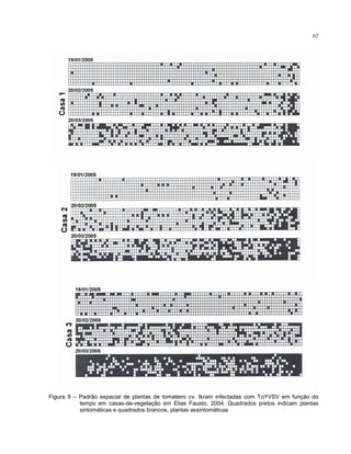 62
Figura 9 – Padrão espacial de plantas de tomateiro cv. Ikram infectadas com ToYVSV em função do
tempo em casas-de-vegetação em Elias Fausto, 2004. Quadrados pretos indicam plantas
sintomáticas e quadrados brancos, plantas assintomáticas
 