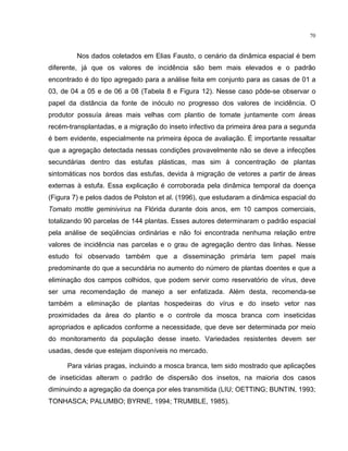 70
Nos dados coletados em Elias Fausto, o cenário da dinâmica espacial é bem
diferente, já que os valores de incidência são bem mais elevados e o padrão
encontrado é do tipo agregado para a análise feita em conjunto para as casas de 01 a
03, de 04 a 05 e de 06 a 08 (Tabela 8 e Figura 12). Nesse caso pôde-se observar o
papel da distância da fonte de inóculo no progresso dos valores de incidência. O
produtor possuía áreas mais velhas com plantio de tomate juntamente com áreas
recém-transplantadas, e a migração do inseto infectivo da primeira área para a segunda
é bem evidente, especialmente na primeira época de avaliação. É importante ressaltar
que a agregação detectada nessas condições provavelmente não se deve a infecções
secundárias dentro das estufas plásticas, mas sim à concentração de plantas
sintomáticas nos bordos das estufas, devida à migração de vetores a partir de áreas
externas à estufa. Essa explicação é corroborada pela dinâmica temporal da doença
(Figura 7) e pelos dados de Polston et al. (1996), que estudaram a dinâmica espacial do
Tomato mottle geminivirus na Flórida durante dois anos, em 10 campos comerciais,
totalizando 90 parcelas de 144 plantas. Esses autores determinaram o padrão espacial
pela análise de seqüências ordinárias e não foi encontrada nenhuma relação entre
valores de incidência nas parcelas e o grau de agregação dentro das linhas. Nesse
estudo foi observado também que a disseminação primária tem papel mais
predominante do que a secundária no aumento do número de plantas doentes e que a
eliminação dos campos colhidos, que podem servir como reservatório de vírus, deve
ser uma recomendação de manejo a ser enfatizada. Além desta, recomenda-se
também a eliminação de plantas hospedeiras do vírus e do inseto vetor nas
proximidades da área do plantio e o controle da mosca branca com inseticidas
apropriados e aplicados conforme a necessidade, que deve ser determinada por meio
do monitoramento da população desse inseto. Variedades resistentes devem ser
usadas, desde que estejam disponíveis no mercado.
Para várias pragas, incluindo a mosca branca, tem sido mostrado que aplicações
de inseticidas alteram o padrão de dispersão dos insetos, na maioria dos casos
diminuindo a agregação da doença por eles transmitida (LIU; OETTING; BUNTIN, 1993;
TONHASCA; PALUMBO; BYRNE, 1994; TRUMBLE, 1985).
 
