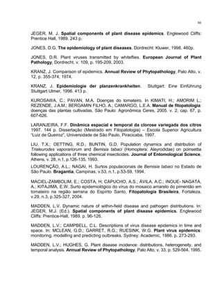 86
JEGER, M. J. Spatial components of plant disease epidemics. Englewood Cliffs:
Prentice Hall, 1989. 243 p.
JONES, D.G. The epidemiology of plant diseases. Dordrecht: Kluwer, 1998. 460p.
JONES, D.R. Plant viruses transmitted by whiteflies. European Journal of Plant
Pathology, Dordrecht, v. 109, p. 195-209, 2003.
KRANZ, J. Comparison of epidemics. Annual Review of Phytopathology, Palo Alto, v.
12, p. 355-374, 1974.
KRANZ, J. Epidemiologie der planzenkrankheiten. Stuttgart: Eine Einführung
Stuttgart Ulmer, 1996. 413 p.
KUROSAWA, C.; PAVAN, M.A. Doenças do tomateiro. In KIMATI, H.; AMORIM L.;
REZENDE, J.A.M.; BERGAMIN FILHO, A.; CAMARGO, L.E.A. Manual de fitopatologia:
doenças das plantas cultivadas. São Paulo: Agronômica Ceres, 2005. v. 2, cap. 67, p.
607-626.
LARANJEIRA, F.F. Dinâmica espacial e temporal da clorose variegada dos citros
1997. 144 p. Dissertação (Mestrado em Fitopatologia) – Escola Superior Agricultura
“Luiz de Queiroz”, Universidade de São Paulo, Piracicaba, 1997.
LIU, T.X.; OETTING, R.D.; BUNTIN, G.D. Population dynamics and distribution of
Trialeurodes vaporariorum and Bemisia tabaci (Homoptera: Aleyrodidae) on poinsettia
following applications of three chemical insecticides. Journal of Entomological Science,
Athens, v. 28, n.1, p.126-135, 1993.
LOURENÇÃO, A.L.; NAGAI, H. Surtos populacionais de Bemisia tabaci no Estado de
São Paulo. Bragantia, Campinas, v.53, n.1, p.53-59, 1994.
MACIEL-ZAMBOLIM, E.; COSTA, H; CAPUCHO, A.S.; ÁVILA, A.C.; INOUE- NAGATA,
A.; KITAJIMA, E.W. Surto epidemiológico do vírus do mosaico amarelo do pimentão em
tomateiro na região serrana do Espírito Santo, Fitopatologia Brasileira, Fortaleza,
v.29, n.3, p.325-327, 2004.
MADDEN, L.V. Dynamic nature of within-field disease and pathogen distributions. In:
JEGER, M.J. (Ed.). Spatial components of plant disease epidemics. Englewood
Cliffs: Prentice-Hall, 1989. p. 96-126.
MADDEN, L.V.; CAMPBELL, C.L. Descriptions of virus disease epidemics in time and
space. In: MCLEAN, G.D.; GARRET, R.G.; RUESINK, W.G. Plant virus epidemics:
monitoring, modelling and predicting outbreaks. Sydney: Academic, 1986. p. 273-293.
MADDEN, L.V.; HUGHES, G. Plant disease incidence: distributions, heterogeneity, and
temporal analysis. Annual Review of Phytopathology, Palo Alto, v. 33, p. 529-564, 1995.
 