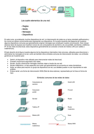 En este curso, se analizarán muchos dispositivos de red. La interconexión de redes es un tema orientado gráficamente y
los íconos se utilizan comúnmente para representar sus dispositivos. En la parte izquierda del diagrama se muestran
algunos dispositivos comunes que generalmente originan mensajes que constituyen nuestra comunicación. Esto incluye
diversos tipos de equipos (se muestran íconos de una computadora de escritorio y de una portátil), servidores y teléfonos
IP. En las redes de área local, estos dispositivos generalmente se conectan a través de medios LAN (con cables o
inalámbricos).

El lado derecho de la figura muestra algunos de los dispositivos intermedios más comunes, utilizados para direccionar y
administrar los mensajes en la red, como así también otros símbolos comunes de interconexión de redes. Los símbolos
genéricos se muestran para:

    •   Switch: el dispositivo más utilizado para interconectar redes de área local,
    •   Firewall: proporciona seguridad a las redes,
    •   Router: ayuda a direccionar mensajes mientras viajan a través de una red,
    •   Router inalámbrico: un tipo específico de router que generalmente se encuentra en redes domésticas,
    •   Nube: se utiliza para resumir un grupo de dispositivos de red, sus detalles pueden no ser importantes en este
        análisis,
    •   Enlace serial: una forma de interconexión WAN (Red de área extensa), representada por la línea en forma de
        rayo.
 