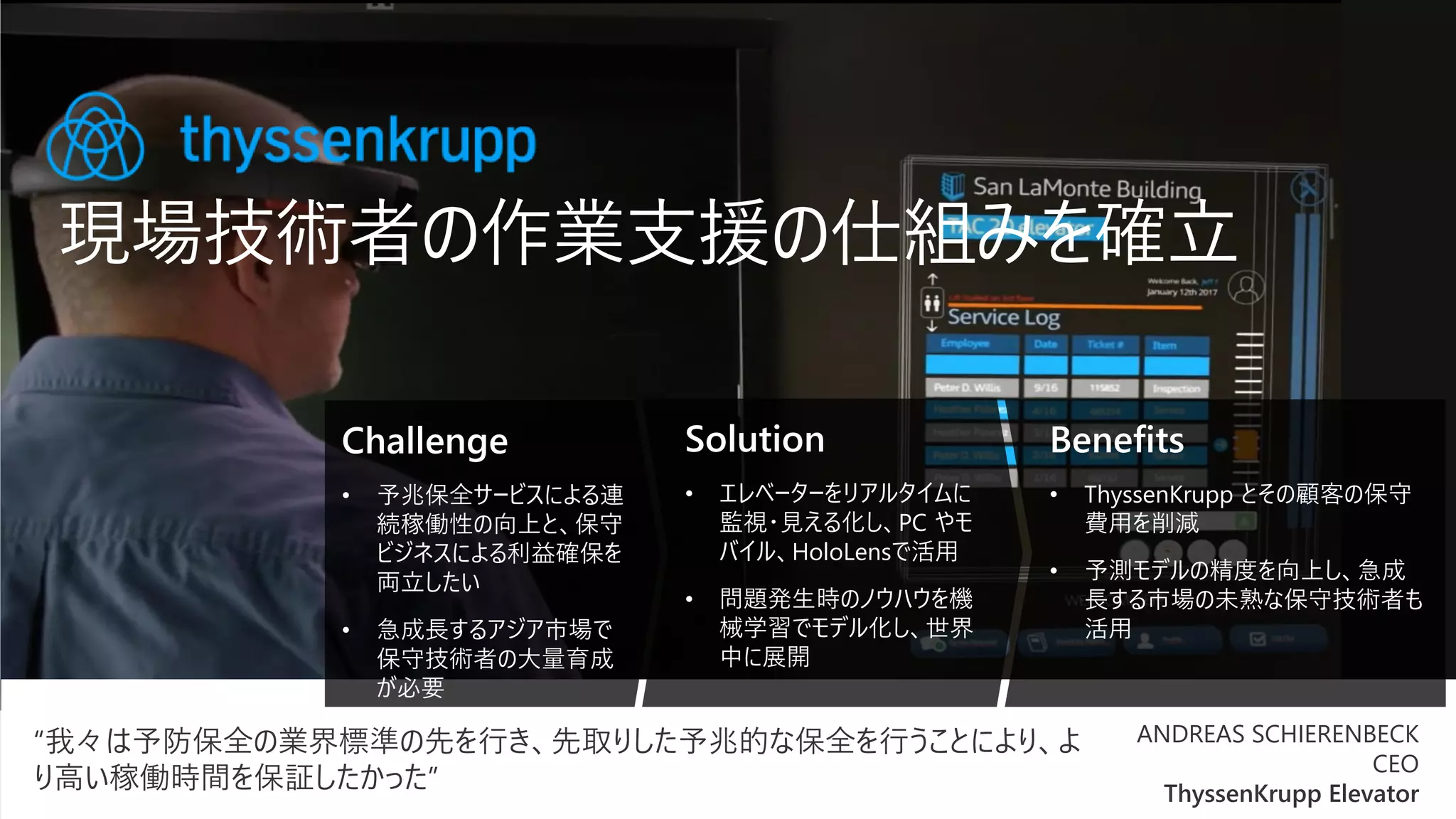 現場技術者の作業支援の仕組みを確立
Challenge
• 予兆保全サービスによる連
続稼働性の向上と、保守
ビジネスによる利益確保を
両立したい
• 急成長するアジア市場で
保守技術者の大量育成
が必要
Solution
• エレベーターをリアルタイムに
監視・見える化し、PC やモ
バイル、HoloLensで活用
• 問題発生時のノウハウを機
械学習でモデル化し、世界
中に展開
Benefits
• ThyssenKrupp とその顧客の保守
費用を削減
• 予測モデルの精度を向上し、急成
長する市場の未熟な保守技術者も
活用
“我々は予防保全の業界標準の先を行き、先取りした予兆的な保全を行うことにより、よ
り高い稼働時間を保証したかった”
ANDREAS SCHIERENBECK
CEO
ThyssenKrupp Elevator
 