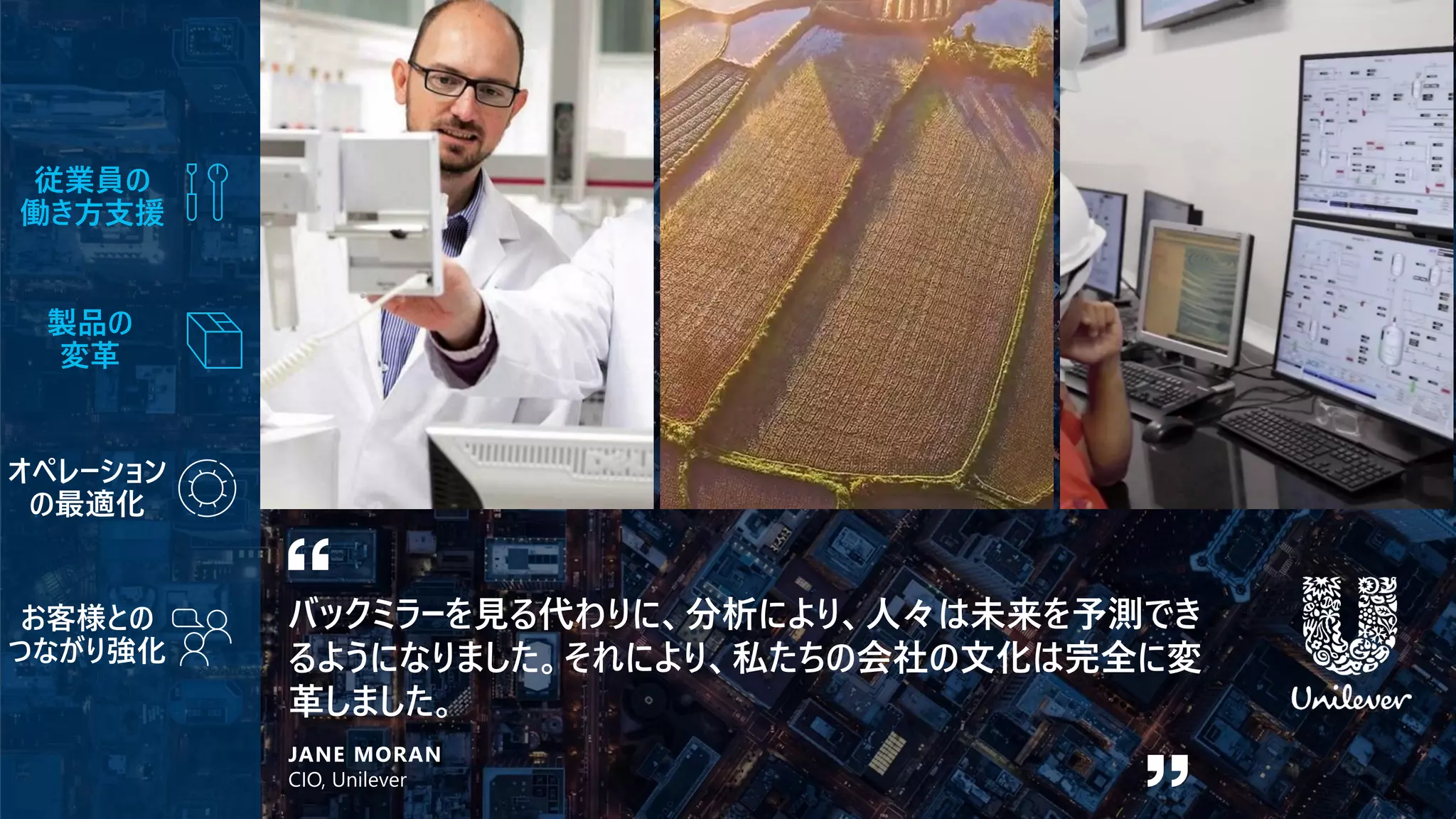 従業員の
働き方支援
バックミラーを見る代わりに、分析により、人々は未来を予測でき
るようになりました。それにより、私たちの会社の文化は完全に変
革しました。
JANE MORAN
CIO, Unilever
製品の
変革
 