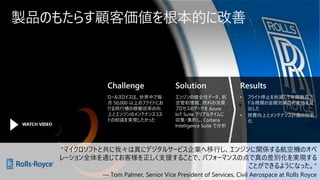 Challenge
ロールスロイスは、世界中で毎
月 50,000 以上のフライトにお
ける飛行機の稼働効率の向
上とエンジンのメンテナンスコス
トの削減を実現したかった
Solution
エンジンの健全性データ、航
空管制情報、燃料の消費
プロセスのデータを Azure
IoT Suite でリアルタイムに
収集・集約し、Cortana
Intelligence Suite で分析
Results
• フライト停止を削減して年間数百万
ドル規模の金額効果の可能性を見
出した
• 燃費向上とメンテナンス計画の効率
化
“マイクロソフトと共に我々は真にデジタルサービス企業へ移行し、エンジンに関係する航空機のオペ
レーション全体を通じてお客様を正しく支援することで、パフォーマンスの点で真の差別化を実現する
ことができるようになった。”
— Tom Palmer, Senior Vice President of Services, Civil Aerospace at Rolls Royce
製品のもたらす顧客価値を根本的に改善
 
