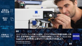 エッジ コンピューティング導入以前は、クラウドでの分析が問題を指摘した時
点で、応答時間と、場合によっては製品を無駄にしていました。Azure SQL
Edgeにより、応答時間と必要なサイクル数の両方を削減します。
MAXIMILIAN STUETZ
IT Solutions Manager, ZEISS
従業員の
働き方支援
製品の
変革
オペレーション
の最適化
 