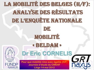 La mobilité des Belges (h/f):
analyse des résultats
de l’enquête nationale
de
mobilité
« BELDAM »
Dr Eric CORNELIS
Pour que mobilité rime avec égalité (H/F)
Journée d’étude du CWEHF
Liège 14 mai 2012
 