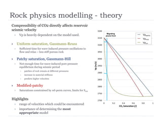 Compressibility of CO2 directly affects reservoir
seismic velocity
 Vp is heavily dependent on the model used.
 Uniform saturation, Gassmann-Reuss
 Sufficient time for wave induced pressure oscillations to
flow and relax – less stiff porous rock
 Patchy saturation, Gassmann-Hill
 Not enough time for wave-induced pore pressure
equilibrium during seismic period
 patches of rock remain at different pressures
 increase in material stiffness
 predicts higher velocities
 Modified-patchy
 Saturations constrained by rel-perm curves, limits for Swir
Highlights
 range of velocities which could be encountered
 importance of determining the most
appropriate model
Rock physics modelling - theory
Migrating
plume front
 