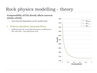 Rock physics modelling - theory
Compressibility of CO2 directly affects reservoir
seismic velocity
 Vp is heavily dependent on the model used.
 Uniform saturation, Gassmann-Reuss
 Sufficient time for wave induced pressure oscillations to
flow and relax – less stiff porous rock
 