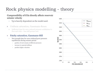 Rock physics modelling - theory
Compressibility of CO2 directly affects reservoir
seismic velocity
 Vp is heavily dependent on the model used.
 Uniform saturation, Gassmann-Reuss
 Sufficient time for wave induced pressure oscillations to
flow and relax – less stiff porous rock
 Patchy saturation, Gassmann-Hill
 Not enough time for wave-induced pore pressure
equilibrium during seismic period
 patches of rock remain at different pressures
 increase in material stiffness
 predicts higher velocities
 