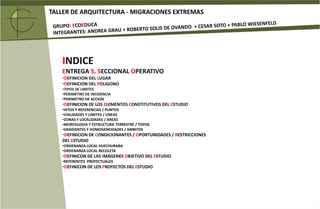 TALLER DE ARQUITECTURA - MIGRACIONES EXTREMASGRUPO: ECOEDUCAINTEGRANTES: ANDREA GRAU + ROBERTO SOLIS DE OVANDO  + CESAR SOTO + PABLO WIESENFELDINDICEENTREGA 5. SECCIONAL OPERATIVODEFINICION DEL LUGAR