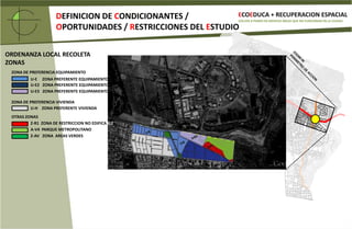 ÁREAS VERDES: INEXISTENTE EN EL RECORRIDO, EXCEPTO EN PLAZA EL SALTO Y PARQUE METROPOLITANO.ECOEDUCA + RECUPERACION ESPACIALDEFINICION DEL POLIGONOVOLVER A PONER EN SERVICIO ÁREAS QUE NO FUNCIONAN EN LA CIUDADPERIMETRO DEL ESTUDIOZOOM IN. PERIMETRO DE ACCION                             AV. SANTA CLARA USOS: EDIFICIOS DE OFICINAS