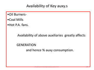 /mydocuments/adp/npti/auxyConsmn. 109
Availability of Key auxy.s
•Oil Burners-
•Coal Mills
•Hot P.A. fans.
Availability of above auxiliaries greatly affects
GENERATION
and hence % auxy consumption.
 
